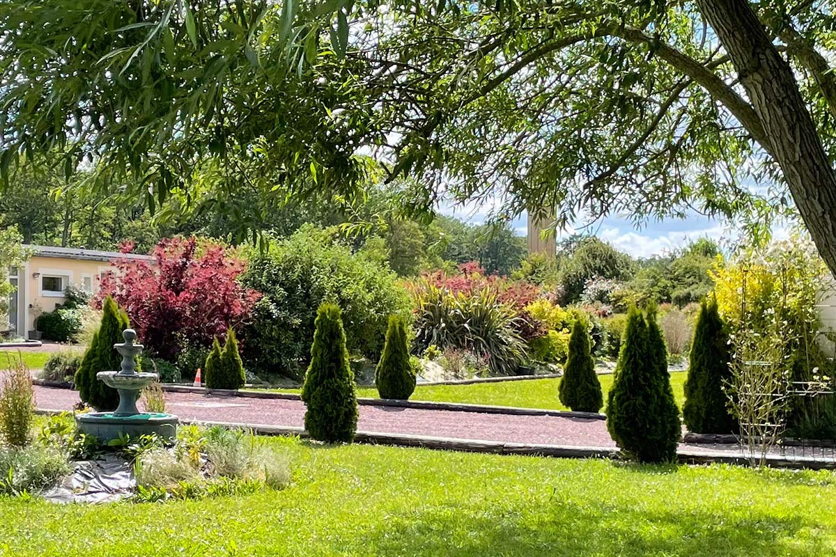 Fontaine et saules pleureurs dans le parc